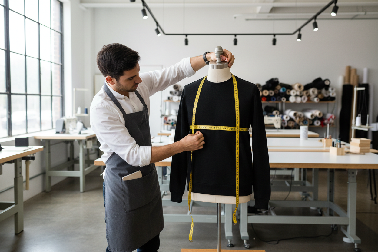 Man sizing and measuring the fit of the sweatshirt (black) on a male mannequin with measuring tools (measure tape)